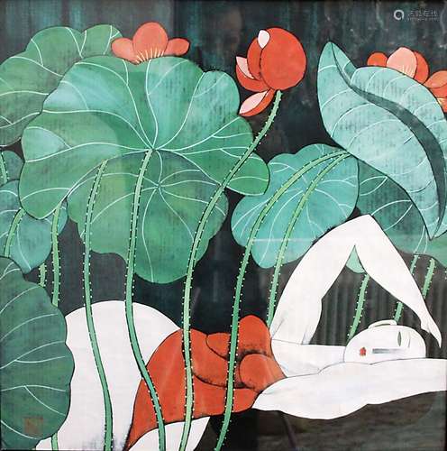 AFTER HU YONKAI, Lady in a red corset amongst lotus leaves and flowers, gouache, red seal mark lower