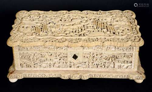 CHINESE CANTON BOX AND COVER, 19th century, of shaped rectangular form, carved in deep relief with