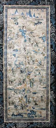 CHINESE SILK PANEL, 19th century, worked with the 100 Children playing scene, in a floral border,