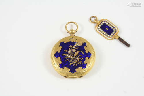 AN 18CT. GOLD AND ENAMEL FULL HUNTING CASED POCKET WATCH the white enamel dial with Roman