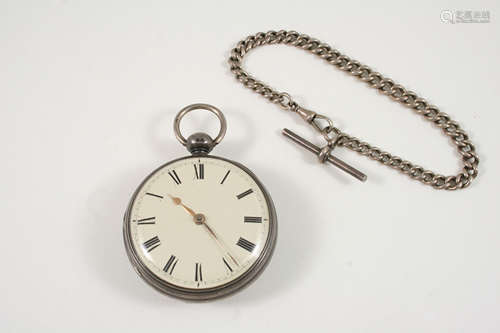 A SILVER OPEN FACED POCKET WATCH the white enamel dial with Roman numerals, hallmarked for London