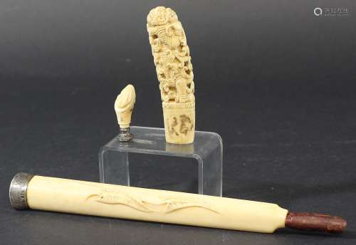 SOUTH EAST ASIAN IVORY SEAL, carved as a flower bud; together with a Chinese Canton style ivory