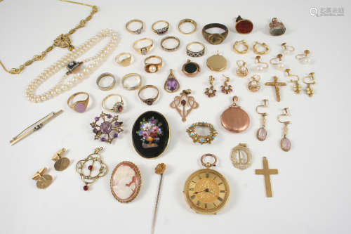 A QUANTITY OF JEWELLERY including an 18ct. gold pocket watch with foliate engraved dial, assorted