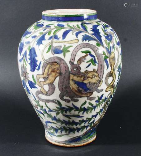 PERSIAN VASE, 19th century, painted in the Isnik palette with leopards and snakes fighting, height
