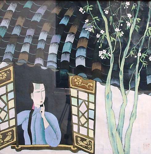 AFTER HU YONKAI, Chinese lady at a window, flowering tree outside gouache, iron red seal lower