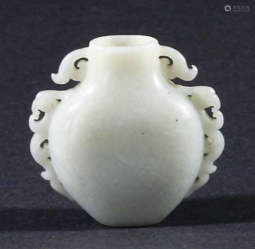CHINESE CELADON NEPHRITE JADE SNUFF BOTTLE, of flattened ovoid form with pierced griffin head