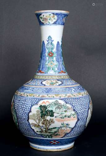 CHINESE FAMILLE VERTE BOTTLE VASE, Qianlong mark and possibly period, enamelled with cartouches of