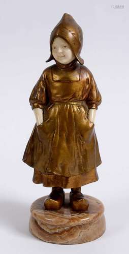 BRONZE & IVORY ART DECO FIGURE - JOSEPH D'ASTE a bronze and ivory figure of a Dutch Girl, wearing