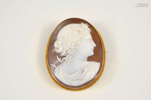 AN OVAL CARVED SHELL CAMEO BROOCH depicting the profile of a woman in the classical manner, in a