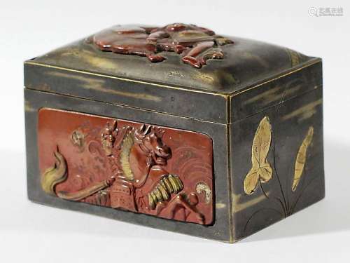 JAPANESE BRONZE SHAKADO AND INLAID BOX, decorated with a man wrestling a boar to the cover, length