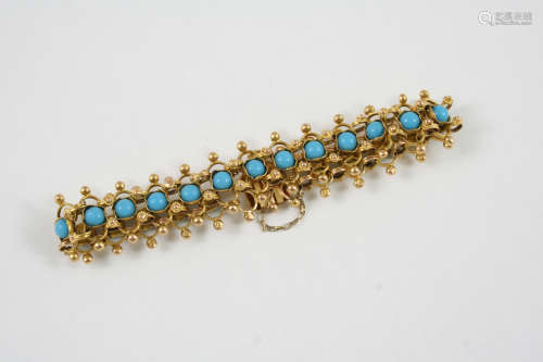A VICTORIAN GOLD AND TURQUOISE BRACELET the gold fancy openwork bracelet is mounted with circular