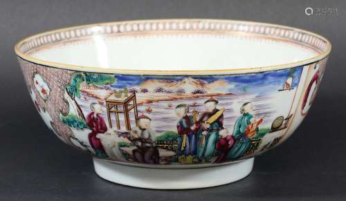 CHINESE FAMILLE ROSE FRUIT BOWL, 19th century, enamelled with genre scenes on a trellis ground,