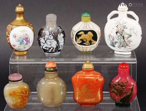 COLLECTION OF EIGHT CHINESE SNUFF BOTTLES, to include recticulated porcelain, Peking Glass,