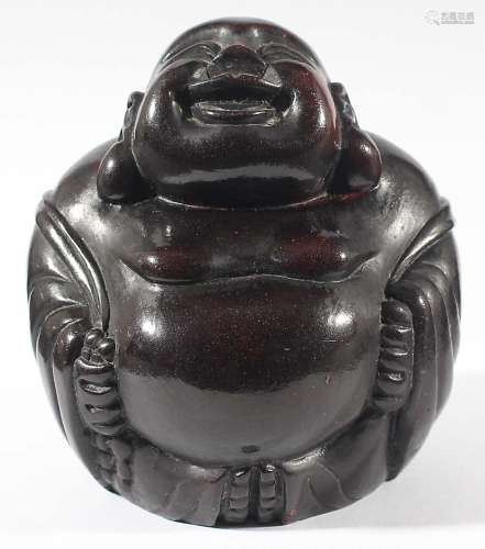 CARVED AMBER STYLE BUDDHA, signed, height 4.5cm; together with a jade type stone example and two