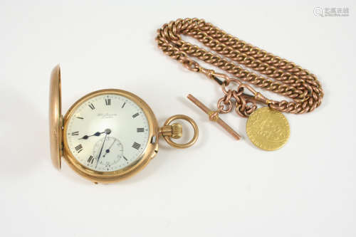 A 9CT. GOLD HALF HUNTING CASED POCKET WATCH BY J. W. BENSON, LONDON the signed white enamel dial