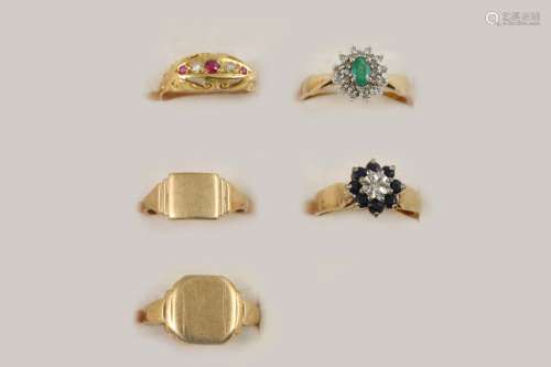 THREE GEM SET AND GOLD RINGS including a sapphire and diamond cluster ring, set in 9ct. gold, size L