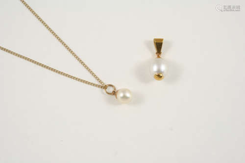 A CULTURED PEARL PENDANT set with a single cultured pearl drop in gold, together with another single