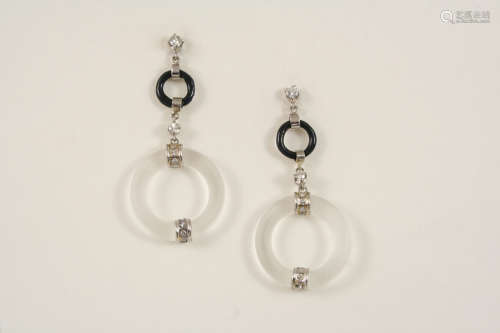 A PAIR OF ART DECO BLACK ONYX, DIAMOND AND ROCK CRYSTAL DROP EARRINGS each formed with hoops of rock