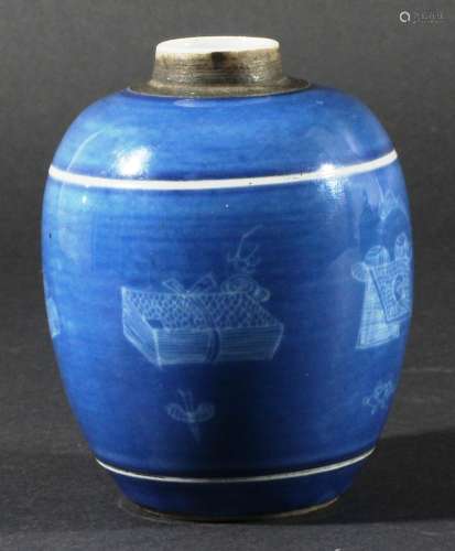 CHINESE OVOID VASE, Chenghua mark but later, resist decorated with scrolls and other precious