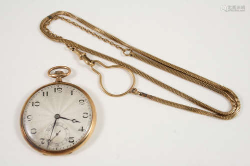 A 9CT. GOLD OPEN FACED POCKET WATCH the textured silver dial with Arabic numerals and subsidiary