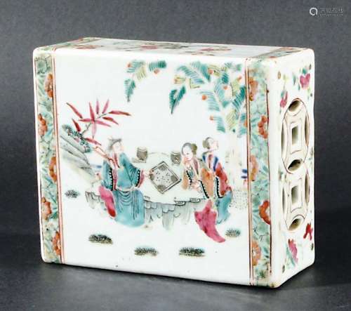 CHINESE FAMILLE ROSE BRICK PILLOW, 19th century, enamelled with scenes of figures playing board