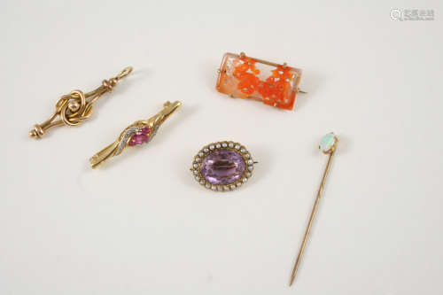 AN OPAL AND GOLD STICK PIN set with an oval solid white opal, an amethyst, half pearl and 15ct. gold