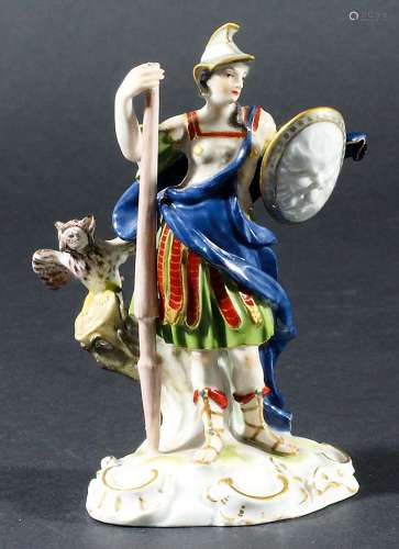 MEISSEN FIGURE OF MINERVA, late 19th century, modelled standing holding a lance and shield, an owl