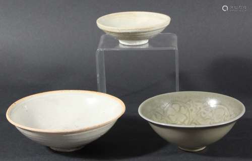 CHINESE QINGBAI BOWL, Song or Yuan, with a pale grey glaze under an unglazed rim, diameter 14.5cm;