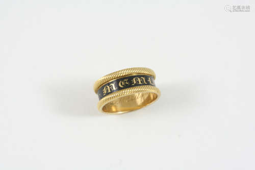 A GEORGE IV 18CT. GOLD AND BLACK ENAMEL MOURNING RING inscribed to the inside Wm. Neville died 12