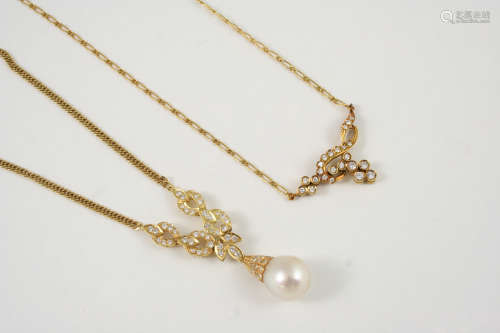 A DIAMOND AND CULTURED PEARL NECKLACE the 18ct. gold necklace is mounted with a foliate design of