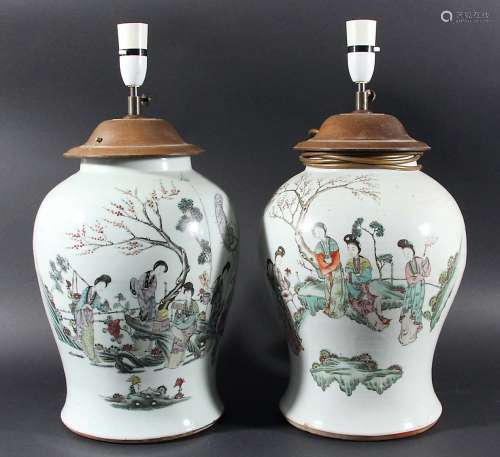 PAIR OF CHINESE FAMILLE VERTE BALUSTER VASES, painted with scenes of maidens in gardens, each with a