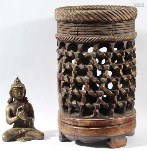 BRONZE BUDDHA, seated cross legged, height 7.5cm; carved and pierced brush pot and a bronze two