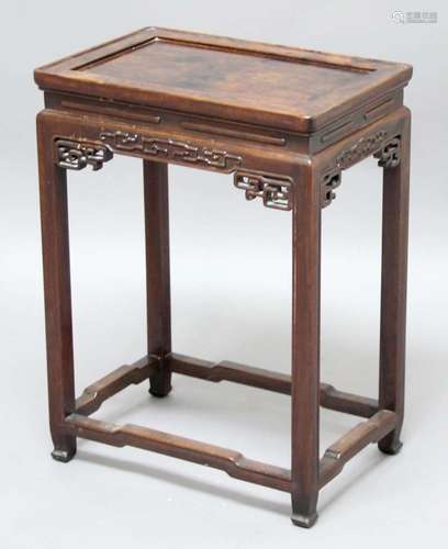 CHINESE HARDWOOD TABLE, with scrolling to the apron and pierced brackets, height 61cm, width 46cm,