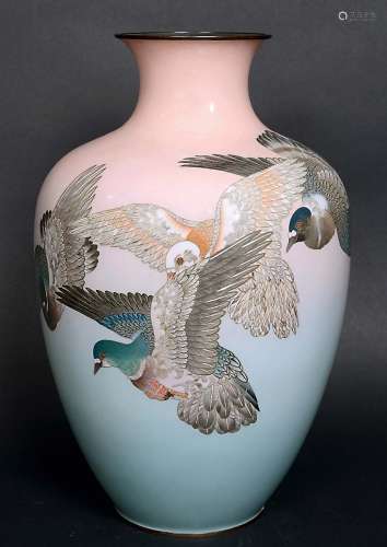 LARGE JAPANESE CLOISONNE BALUSTER VASE, worked with silver wire and decorated with five pigeons on a
