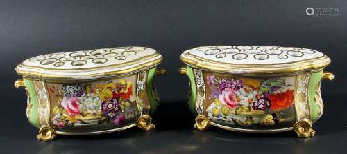 PAIR OF BLOOR DERBY BOUGH POT AND COVERS, circa 1830, painted with baskets of flowers on a shelf, on