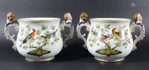 PAIR OF ORNITHOLOGICAL 'AUGUSTUS REX' CACHE POTS, painted birds in branches between a pair of