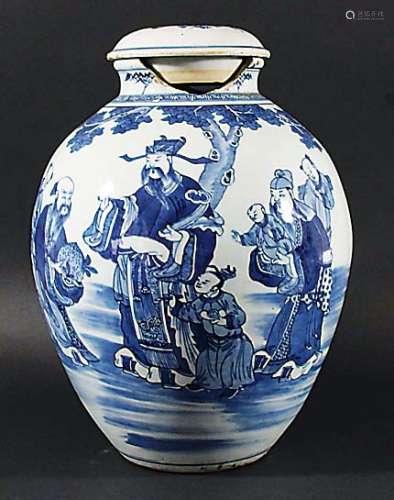 CHINESE OVOID VASE, painted with figures before a dignitary, Kangxi style but 19th Century, with