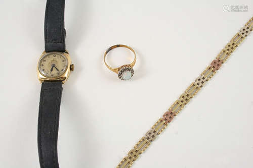 A 9CT. THREE COLOUR GOLD FANCY GATE LINK BRACELET 8.9 grams, together with a gold wristwatch by