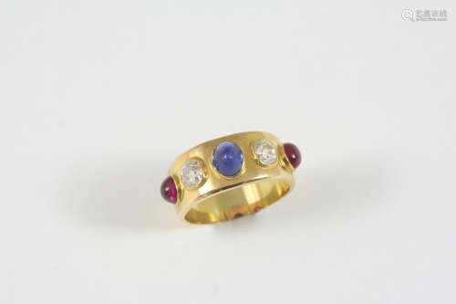 A GOLD AND GEM SET RING the gold band is mounted with two old brilliant-cut diamonds, two circular