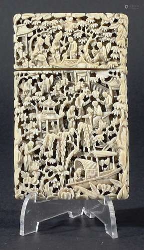 CHINESE IVORY CARD CASE, 19th century, carved with figures amongst pagoda and trees, height 11cm,