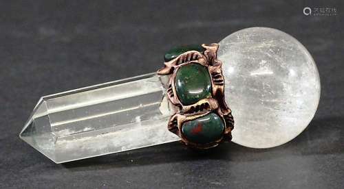 CHINESE ROCK CRYSTAL POINTER, perhaps Feng Shui or Chakra, mounted with bloodstones to the collar,