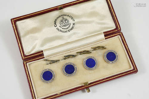 A CASED SET OF LAPIS LAZULI AND DIAMOND DRESS BUTTONS each lapis lazuli disc is set within a