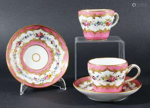 SEVRES STYLE PART TEA SERVICE, late 19th century, painted with a band of flowers between gilt and
