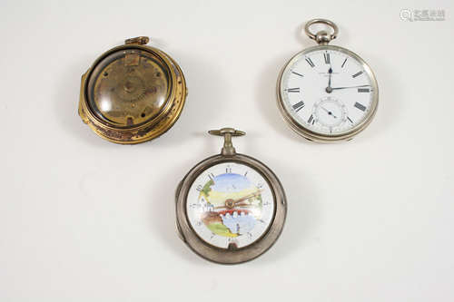 A SILVER PAIR CASED POCKET WATCH the enamel dial decorated with a scenic view of a man fishing by