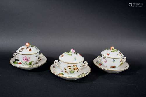 HEREND LIDDED BOWLS & SAUCERS - FRUITS & FLOWERS a set of 14 lidded bowls and matching saucers, each