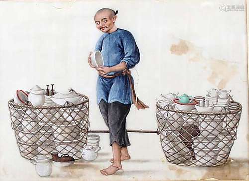 SET OF FIVE CHINESE PITH PAINTINGS, 19th century, depicting tradesmen and merchants including