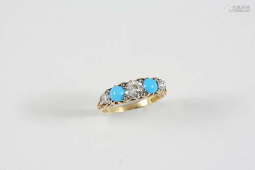 A DIAMOND AND TURQUOISE FIVE STONE RING the three graduated circular-cut diamonds are set with two