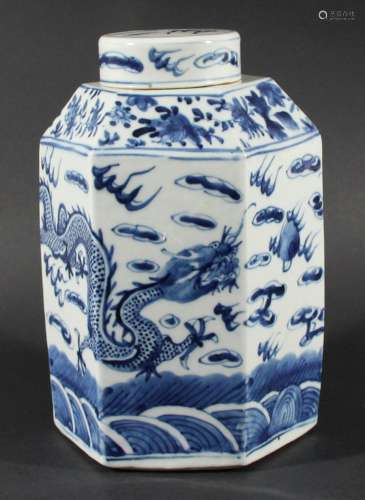 CHINESE BLUE AND WHITE HEXAGONAL JAR AND COVER, Kangxi style but later, painted with opposing