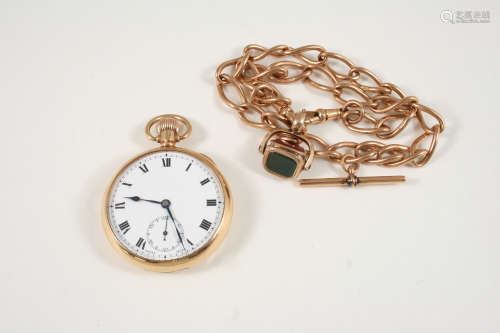 A 9CT. GOLD OPEN FACED POCKET WATCH the white enamel dial with Roman numerals and subsidiary seconds