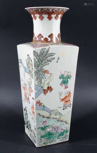 CHINESE FAMILLE ROSE VASE, 20th century, of square section decorated with children playing, height